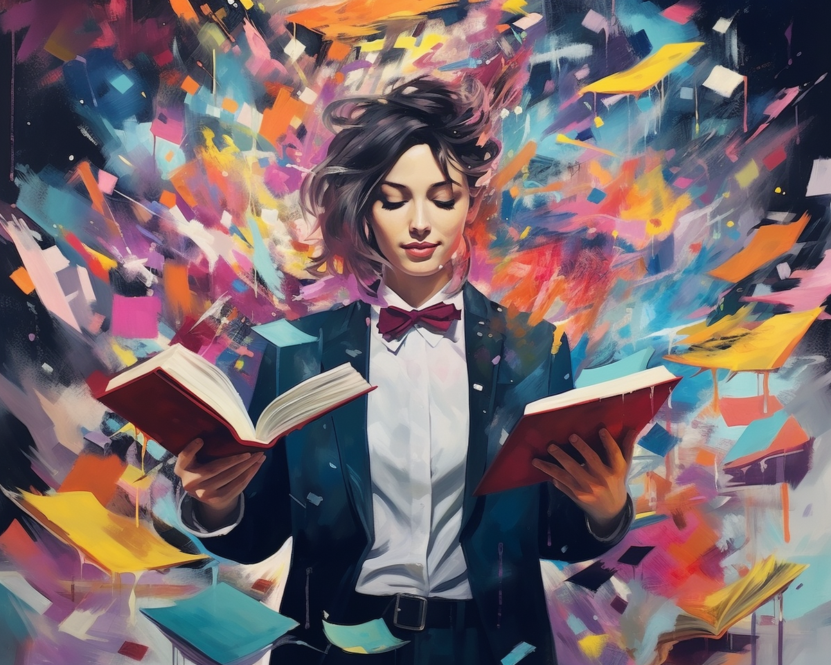 AI-driven creative collision feature image. Young female writer in a suite wearing a bow tie. Surrounded by books and colourful paint splashes.