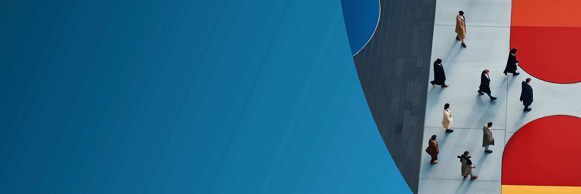 LinkedIn thought leader ads. People walking across a floor with coloured shapes, wearing business attire.