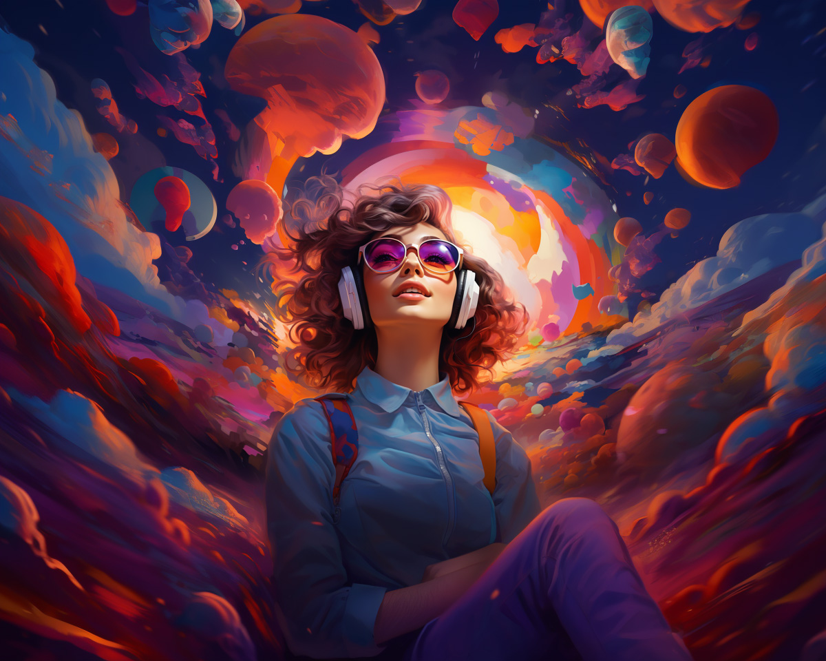 AI generated image thought leadership series - young female wearing sunglasses and headphones imagining and visualising colourful and abstract objects and concepts.