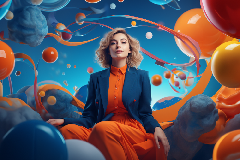 Thought leadership marketing for companies that sell a process - AI image of a lady standing looking toward a wall covered in complicated artwork and processes.